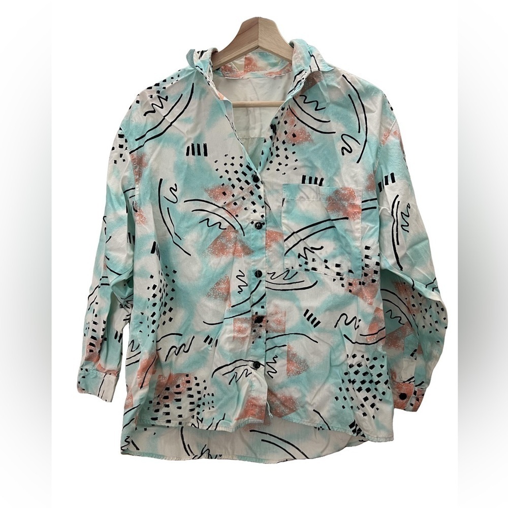Vintage 90s 80s Shark Week Retro Button Down Collared Blouse Size Medium